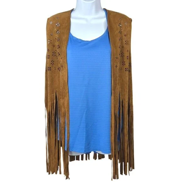 Sleeveless Suede Fringe Boho Vest Flower Cutout Design Belle Tweed XL Brown - Picture 1 of 11